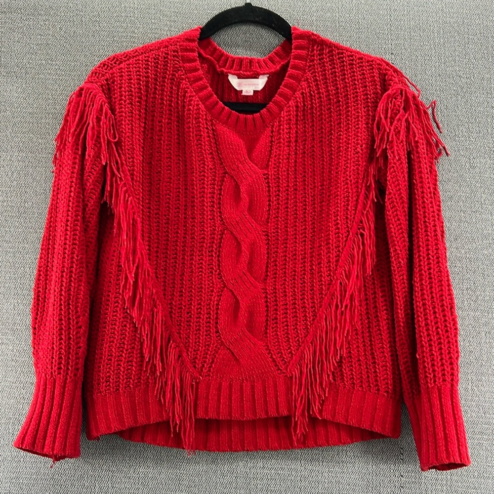 NOBO Women’s Red Soft Stretchy Knit Cropped Oversized Sweater With Tassels ‎ S